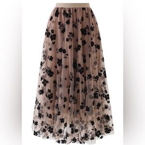 Chicwish 3D POSY DOUBLE-LAYERED MESH MIDI SKIRT IN CARAMEL